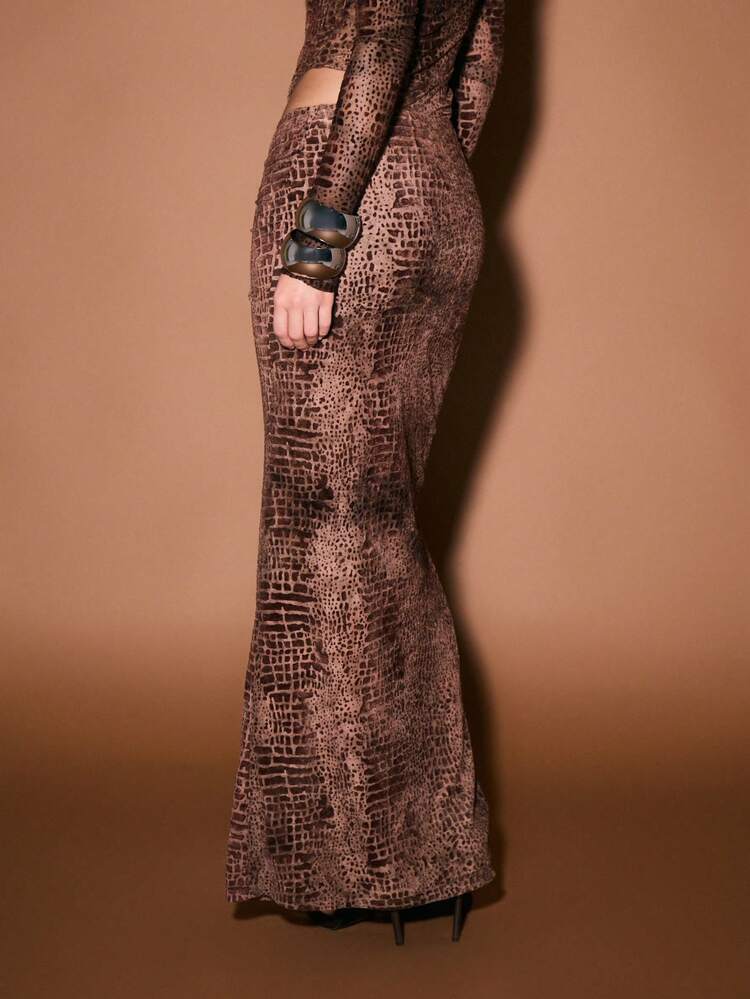 KIZN Crocodile Print Bodycon Maxi Skirt With Drape Detail