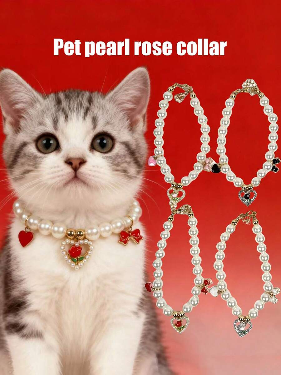 1 件装宠物珍珠玫瑰心形项圈可调节颈围猫项圈狗项圈宠物配件宠物用品 - 彩色 - 查看 1