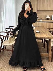 Weeklong Đầm dài tay cổ bèo nhún màu trơn thanh lịch cỡ lớn cho nữ - màu đen - Xem 3