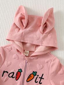 Cozy Pixies Áo liền quần dài tay có mũ trùm đầu bằng vải dệt họa tiết hình thỏ, cà rốt và trái tim dành cho bé gái sơ sinh/trẻ nhỏ - Hồng - Xem 4