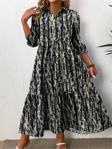 EMERY ROSE Plus Size Women Allover Print 3/4 Sleeve Button Half Placket Ruffle Hem Casual Loose Dress - Multicolor - View 3