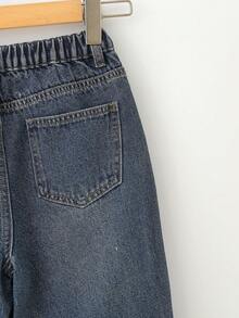 Mirajuku Tween Boys Vintage Washed Jeans-Relaxed Fit, Straight Leg, Slim Tapered Mid-Rise, Stretchy Denim, Casual, Suitable For School, Commute, Parties, Home - Dark Wash - View 8