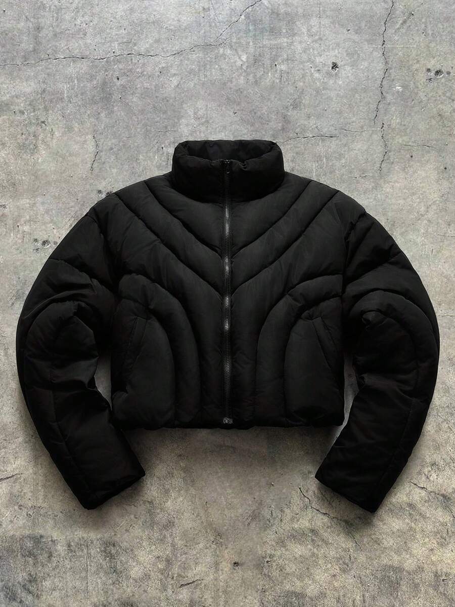 AXEPEAK 男士休闲纯色拉链立领长袖羽绒服，冬季 - 黑色 - 查看 1