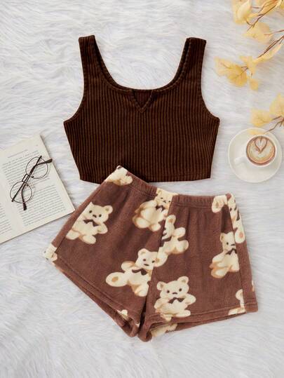 2pcs Solid Color Brushed Ribbed Camisole & Brushed Shorts Pajama Set With Bear Print Vacation Two Piece Set 2 Piece Short Sets Woman Brown Pajama Set Casual Two Piece Set Brown Pj Set