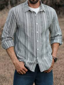 Manfinity Homme Men's Casual Commuter Striped Long Sleeve Shirt, Fall - Multicolor - View 1