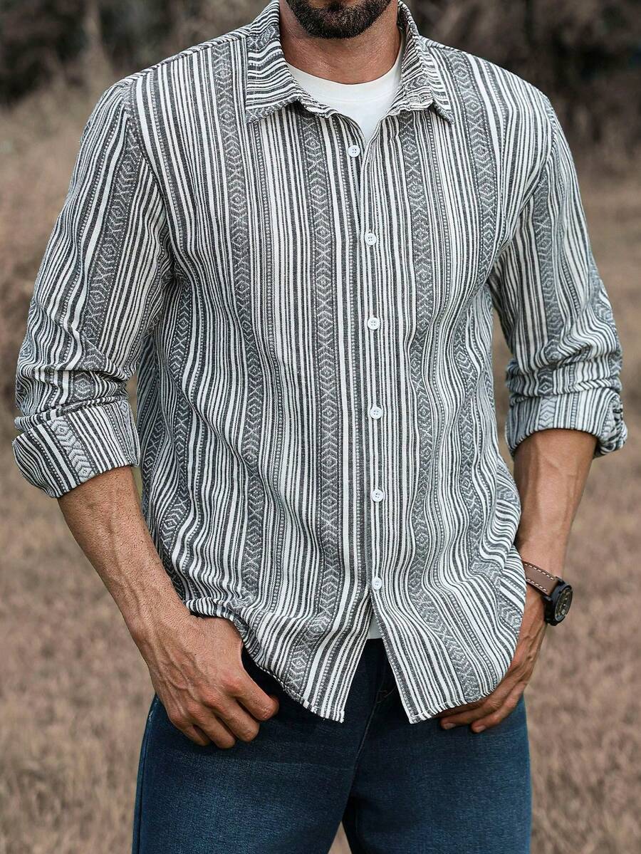 Manfinity Homme Men's Casual Commuter Striped Long Sleeve Shirt, Fall - Multicolor - View 1