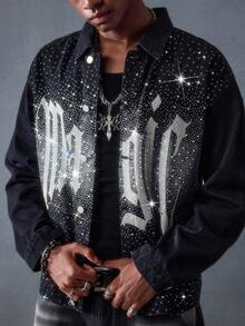 ROMWE MEN Street Life 男士水钻装饰印花长袖牛仔夹克 - 黑色 - 查看 8