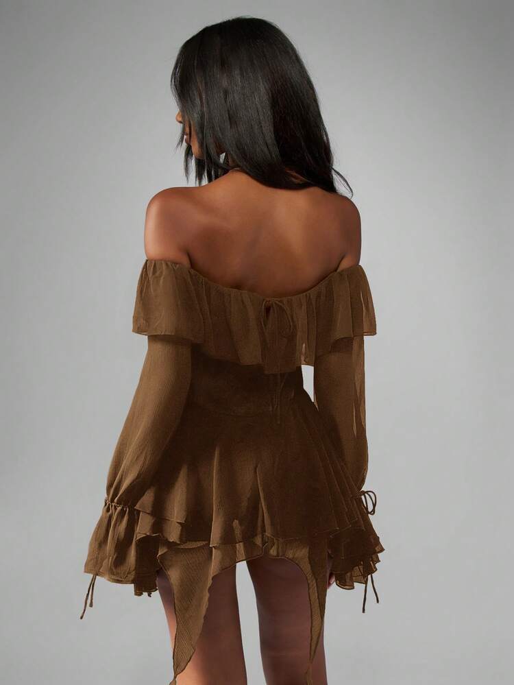 MISSGUIDED Off Shoulder Chiffon Milkmaid Bodysuit With Ruffle Sleeves And Lace Up Corset Detail