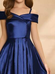 Tween Girls' Elegant Navy Blue Winter Formal Wedding Guest Satin Dress,Off Shoulder Sleeveless Waist-Cinched High Low Hem Prom Birthday Party Gown - Blue - View 5