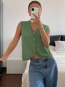SHEIN Frenchy 秋冬女士纯色单排扣V领休闲针织背心 - 墨綠色 - 查看 3
