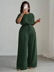 Slaydiva Nuevo llegado de primavera/verano, elegante y apropiado para ir a la oficina, fiestas, clubes y actividades al aire libre. Conjunto de 2 piezas para mujer talla grande con top corto holgado de hombros caídos y cordón ajustable, y pantalones de pierna ancha con bolsillos, en color verde. - Verde militar - Ver 10