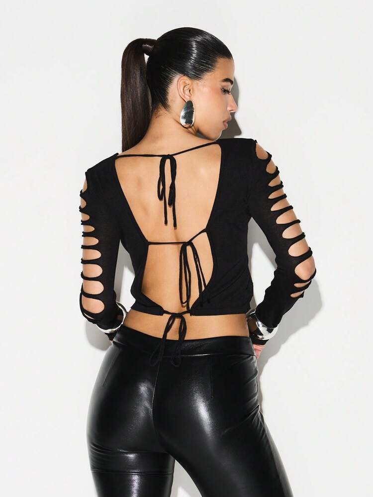 KIZN Long Sleeve Cut Out Backless Crop Top