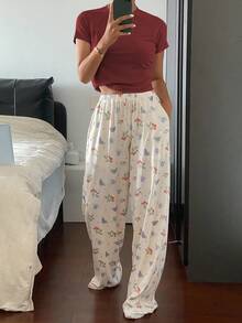 DAZY 2件套女士草莓印花宽松裤和纯色短袖睡衣套装 - 酒紅色 - 查看 4