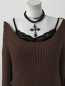 Sunspun Oversized Cozy Willow Striped Texture Apricot Crew Neck Pullover Sweater, Autumn/Winter - Coffee Brown - View 6