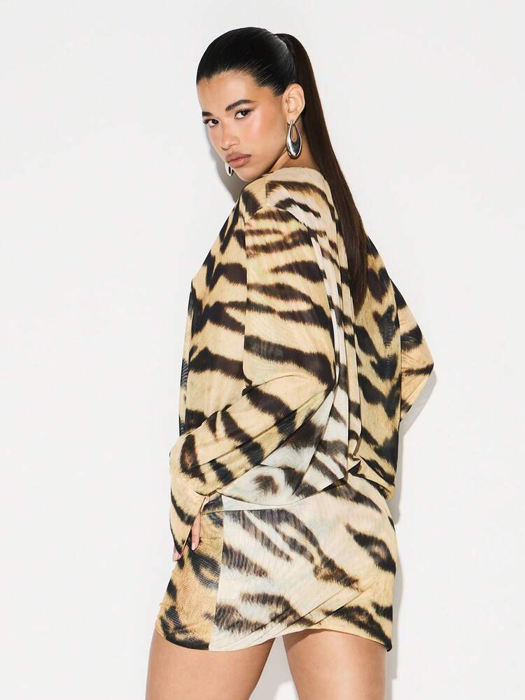 KIZN Mesh Wrap Front Tiger Print Mini Dress