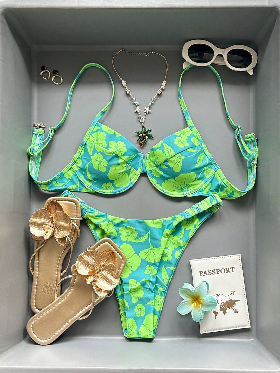SHEIN Swim Summer Beach Floral Print V-Neck Halter Bikini Set - Multicolor - View 1