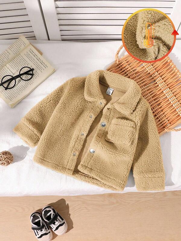 SHEIN Playful Pals 1 pezzo Giacca vintage in sherpa per bambino | Giacca esterna rinforzata e calda per bimbo | Cappotto di moda autunno/inverno per neonato | Giacca monopetto con collo a risvolto di colore unito per bambini piccoli | Maglioncino casual di colore unito e rinforzato per bambino