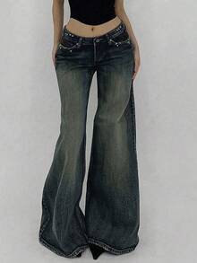 DAZY Quần jeans nữ ống rộng dáng suông có túi, phong cách thường ngày đa năng Y2K - Rửa trung bình - Xem 3