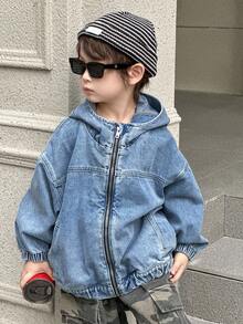 DAZY 幼儿男童宽松休闲连帽牛仔夹克和外套，街头酷炫风格，秋季 - 藍色 - 查看 8
