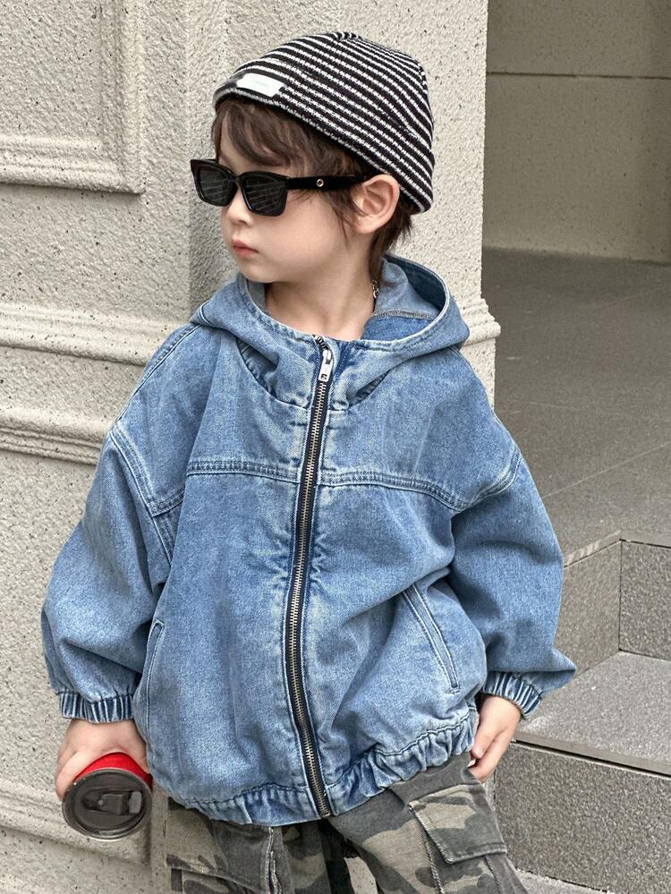Toddler Boys' Loose Casual Hooded Denim Jacket And Outerwear, Street Cool Style, Autumn
