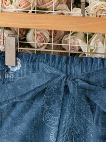 SHEIN LUNE 花卉绿色图案复古腰带长裤，适合女性夏季度假、派对、秋季、婚礼、毕业旅行、送给妈妈的礼物，波西米亚风格 - 藍色 - 查看 3