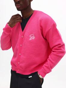 SUMWON Crop Fit Bright Button Front Cardigan With Logo Embroidery For Casual Layering Spring Summer Wear - Hot Pink - View 4