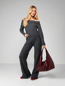 MISSGUIDED 露肩麻花针织毛衣套装冬季秋季舒适休闲阔腿裤搭配两件套服装 - 深灰色 - 查看 1