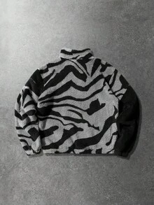 ROMWE MEN Goth 男士秋冬斑马纹长袖拉链领羊毛夹克 - 黑色 - 查看 2