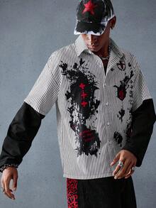 ROMWE MEN Goth 男士秋季时尚条纹拼布衬衫 - 彩色 - 查看 1