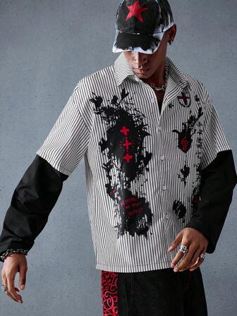 Grunge Punk Camisa a rayas con parches de moda para hombre en otoño