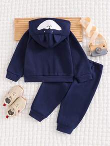 Cozy Pixies 2件套男婴卡通狐狸耳朵连帽夹克和慢跑裤套装 - 藏蓝色 - 查看 2