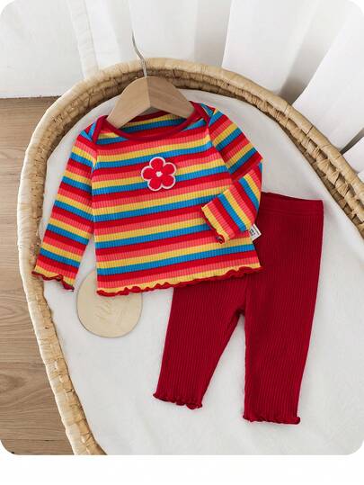 SHEIN Newborn Baby Girl Cute Summer Knitted Colorful Striped Floral Long Sleeve Top And Elastic Waist Pants Set