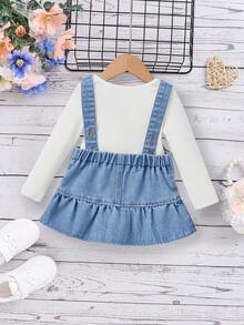 SHEIN New Adjustable Ruffle Trim Denim Bib Dress For Baby Girls - Light Wash - View 2
