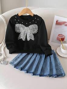Girls Casual Fashion Daily School Style Round Neck Long Sleeve Loose 3D Pearl Sequin Bow Sweatshirt + High Waist Pleated Denim Mini Skirt 2Pcs Outfit, Back To School Clothes, All Season - Black - View 6