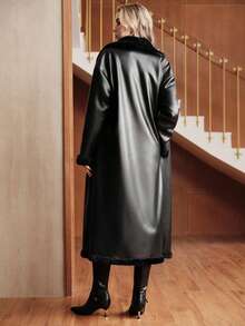 Uhlyne Damjacka PU-komposit lapptäcke vinter fuskpäls krage fickor mode casual gatustil slag fleecekappa - Svart - Visa 4