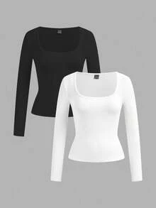 Tseoso 2 件黑色休闲长袖方领修身加厚长款 T 恤套装，不含胸罩，适合秋冬季，温暖、休闲、舒适别致、修身百搭，日常穿着，室内外均可穿着，复古，