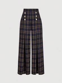 SHEIN MOD Pantalones anchos de cintura alta elegantes de talla grande, a cuadros retro, para uso urbano y comunitario, para la iglesia y la Navidad - Multicolor - Ver 5