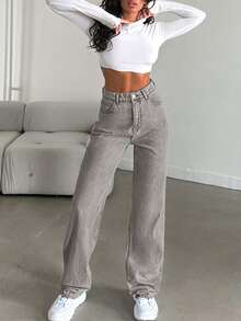 SHEIN Tall 100%Cotton Slant Pocket Straight Leg Jeans, Tall Women - Medium Wash - View 1