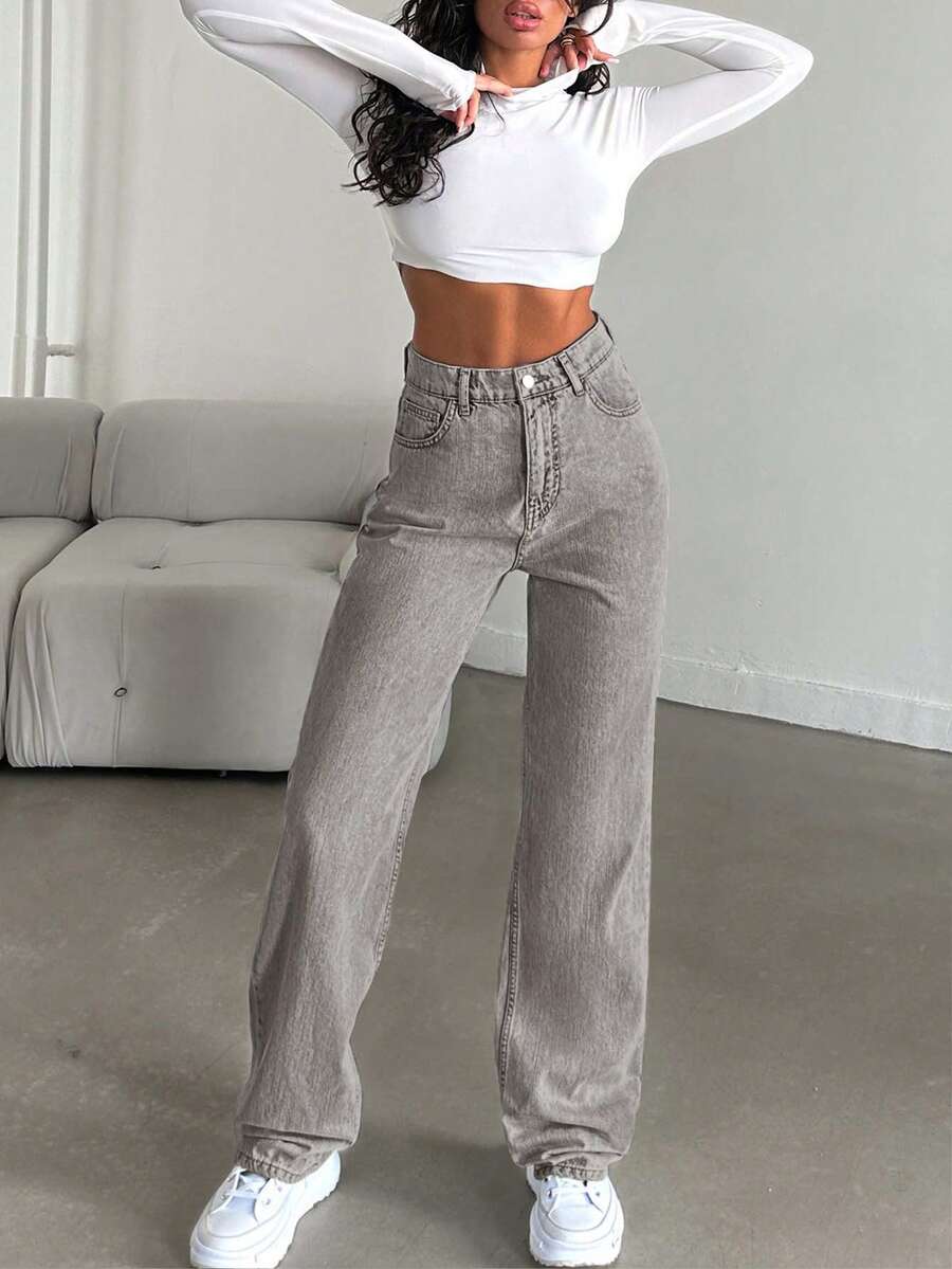 SHEIN Tall 100%Cotton Slant Pocket Straight Leg Jeans, Tall Women - Medium Wash - View 1