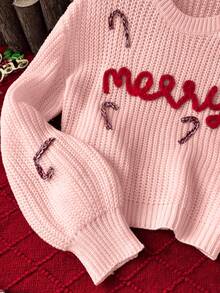女童聖誕快樂刺繡字母寬鬆可愛校園風圓領針織毛衣，粉紅與紅色秋季家庭套裝休閒穿搭，適合青少年 - 粉色 - 查看 4
