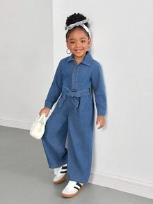 SHEIN 少女蓝色牛仔连体裤 - 中等水洗藍 - 查看 4
