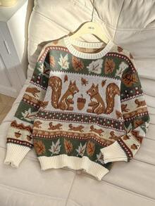 Franclia 新款叶子和松鼠图案圆领长袖套头毛衣 - 軍綠色 - 查看 3