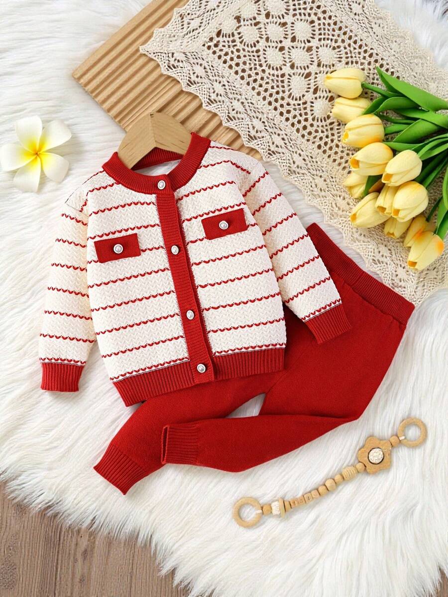 SHEIN Vintaside Kids 2 件套女婴休闲可爱长袖条纹仿口袋针织开衫和针织裤套装,适合日常外出和旅行 - 紅色 - 查看 1
