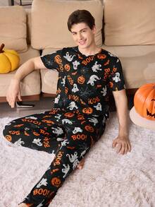 CoupledUp Halloween Pumpkin & Letter Print Crew Neck Short Sleeve Top And Pants 2 Pieces Pajama Set - Multicolor - View 4