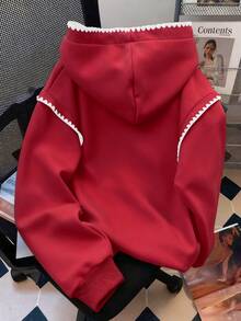 Resyla Plus Size Women Autumn/Winter Letter Print Drawstring Hooded Sweatshirt With Floral Trim - Red - View 2