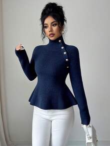 SHEIN Elenzya 女士优雅通勤蓝色金属纽扣高领双面肩袖腰部修身针织毛衣，秋冬 - 藍色 - 查看 5