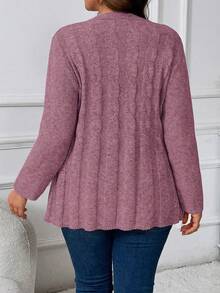 大码女式纯色麻花图案长袖休闲针织开衫，秋冬 - 珊瑚粉 - 查看 2