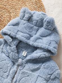 青少年女孩羊毛连体衣，秋冬毛绒双面羊毛休闲睡衣，女孩可爱方形心形毛绒熊耳朵连帽长袖连体衣 - 藍色 - 查看 8