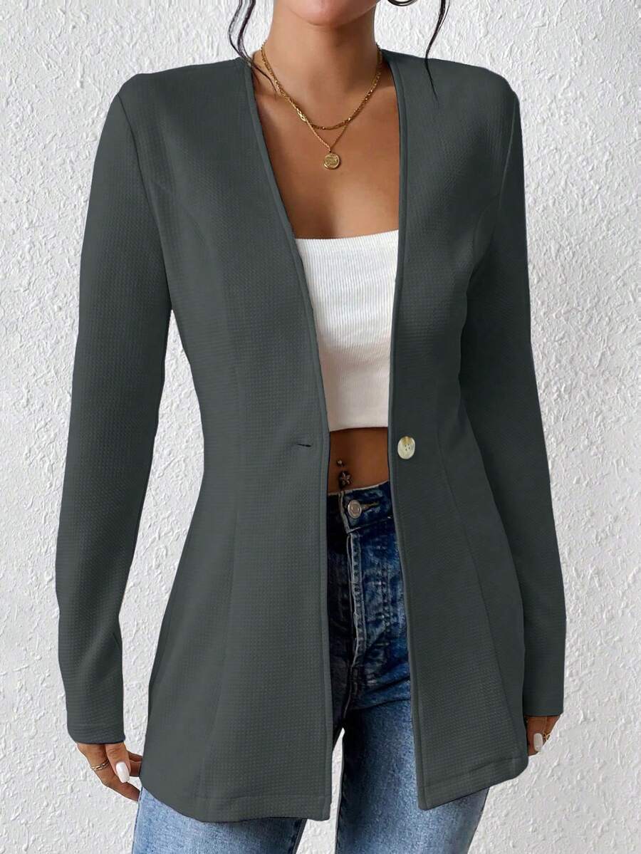 EMERY ROSE Women's Casual Textured Unlined Collarless Lightweight Long Sleeve Blazer
