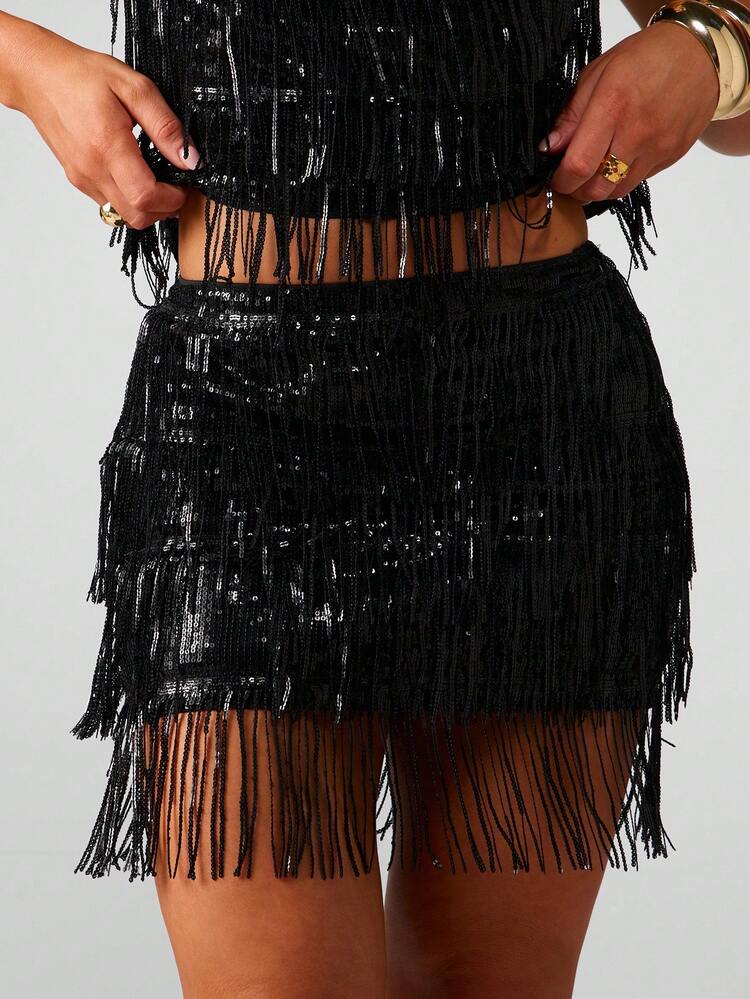 MISSGUIDED Minigonna nera con frange e paillettes, adatta per festival, feste ed eventi serali